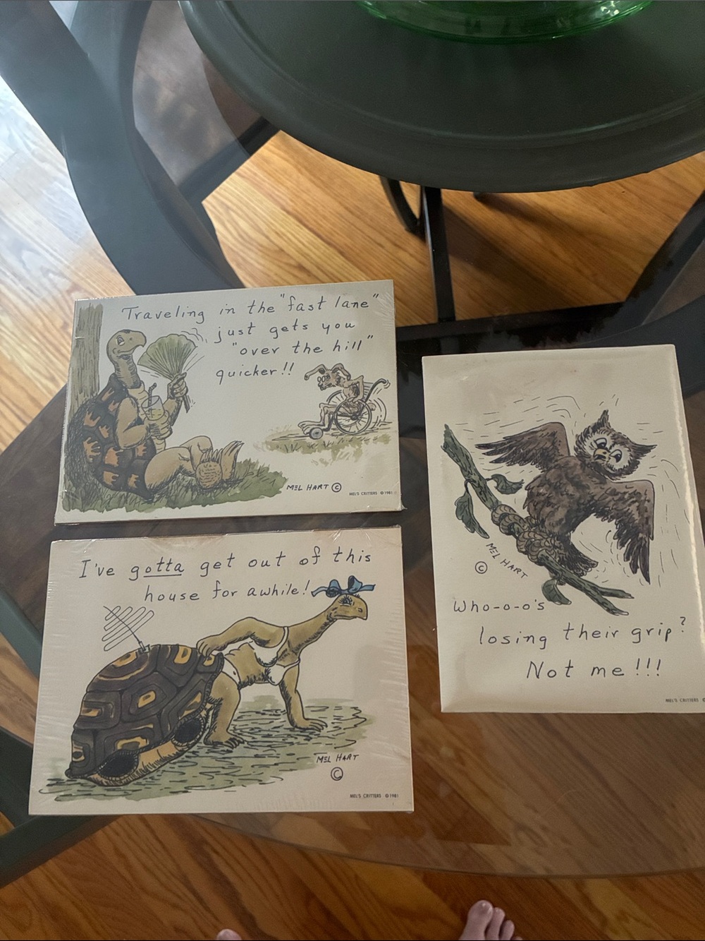 3 Vintage 5x7 Mel Hart funny prints 1981 - turtles & owl